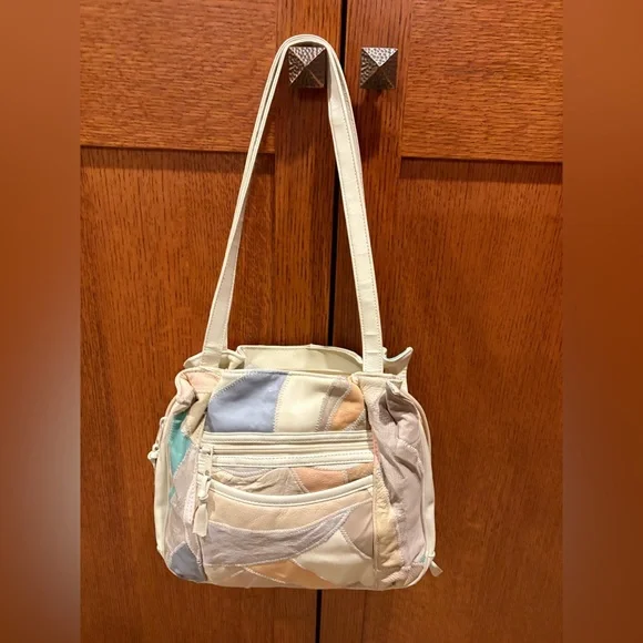 Vintage Leather Patchwork Purse Pastel Shoulder Bag 80’s NICE - Picture 2 of 9